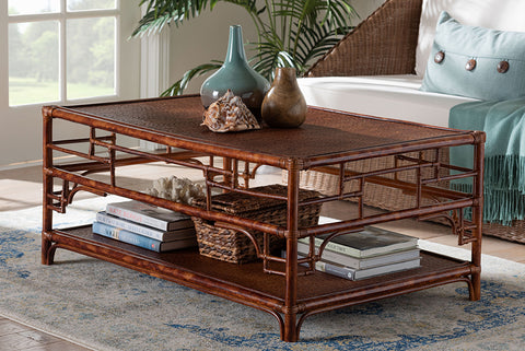 bali & pari Sebalio Tortoise Natural Rattan Coffee Table with Open Shelf - Vintage Style Center Table for Living Room, Sunroom, or Coastal Living Space