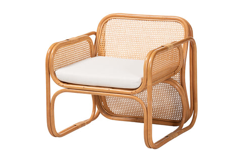 bali & pari Cambridge Natural Rattan Armchair - Handcrafted Lounge Chair with Cushion, Rounded Frame with Cane Woven Panels, Accent Seating for Living Room or Sunroom