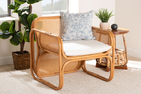 bali & pari Cambridge Natural Rattan Armchair - Handcrafted Lounge Chair with Cushion, Rounded Frame with Cane Woven Panels, Accent Seating for Living Room or Sunroom