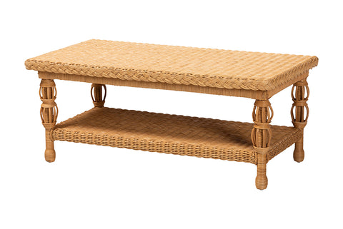 bali & pari Dolby Natural Rattan Coffee Table - Handwoven Wicker Accent Table with Lower Shelf, Coastal Boho Style Living Room Centerpiece