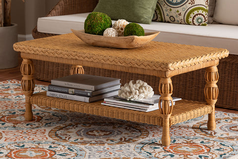 bali & pari Dolby Natural Rattan Coffee Table - Handwoven Wicker Accent Table with Lower Shelf, Coastal Boho Style Living Room Centerpiece
