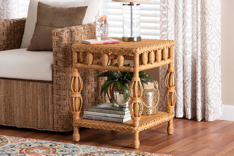 bali & pari Dolby Natural Rattan End Table - Handwoven Wicker Side Table with Lower Shelf, Coastal Boho Style Accent Table for Living Room or Bedroom