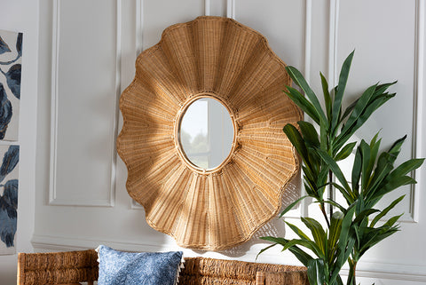 bali & pari Palm Scalloped Rattan Wall Mirror - Handwoven Wicker Round Accent Mirror, Boho Decorative Wall Art for Entryway or Living Room