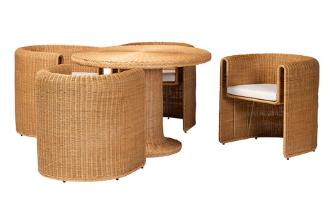 bali & pari Amaya 5-Piece Round Rattan Dining Set - Handwoven Wicker Pedestal Table and 4 Barrel Chairs with Cushion, Coastal Kitchen or Sunroom Furniture