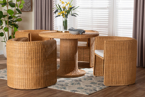 bali & pari Amaya 5-Piece Round Rattan Dining Set - Handwoven Wicker Pedestal Table and 4 Barrel Chairs with Cushion, Coastal Kitchen or Sunroom Furniture