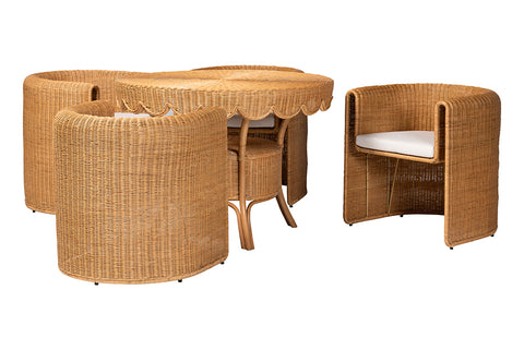 bali & pari Ayumi 5-Piece Round Rattan Dining Set - Handwoven Wicker Scalloped Table and 4 Barrel Chairs, Coastal Kitchen or Sunroom Furniture