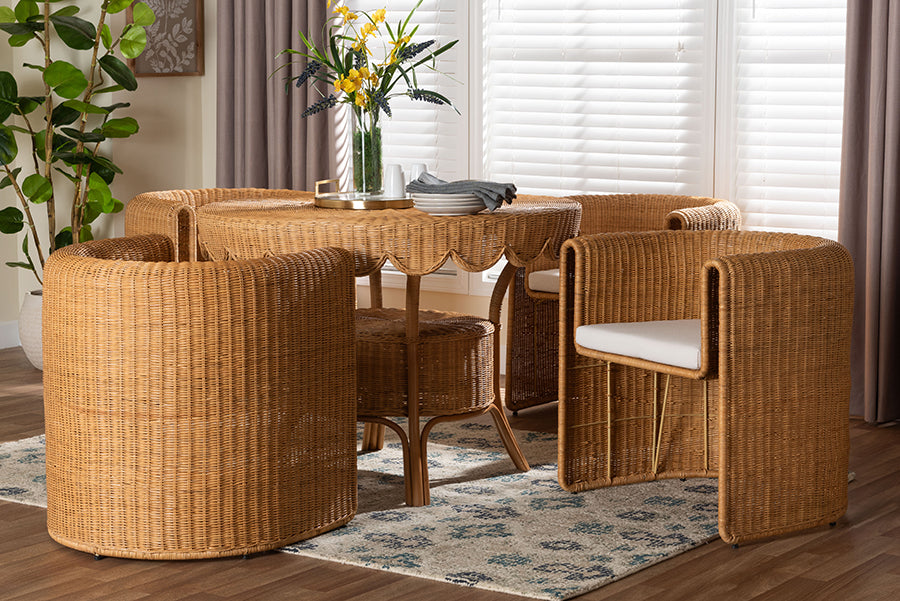 bali & pari Ayumi 5-Piece Round Rattan Dining Set - Handwoven Wicker Scalloped Table and 4 Barrel Chairs, Coastal Kitchen or Sunroom Furniture