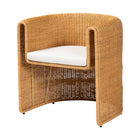 bali & pari Carina Natural Rattan Barrel Dining Chair - Handwoven Wicker Accent Chair with Curved Backrest and Removable Cushion, Coastal Boho Kitchen or Dining Room Seating