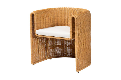 bali & pari Carina Natural Rattan Barrel Dining Chair - Handwoven Wicker Accent Chair with Curved Backrest and Removable Cushion, Coastal Boho Kitchen or Dining Room Seating
