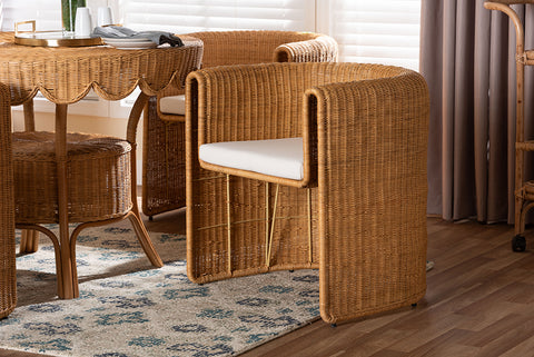 bali & pari Carina Natural Rattan Barrel Dining Chair - Handwoven Wicker Accent Chair with Curved Backrest and Removable Cushion, Coastal Boho Kitchen or Dining Room Seating
