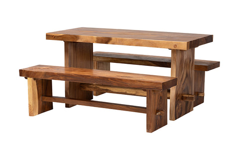 bali & pari Biyu Suar Wood 3-Piece Dining Set - Handcrafted Rectangular Solid Wood Table and Two Benches, Rustic Modern Kitchen or Dining Room Seating