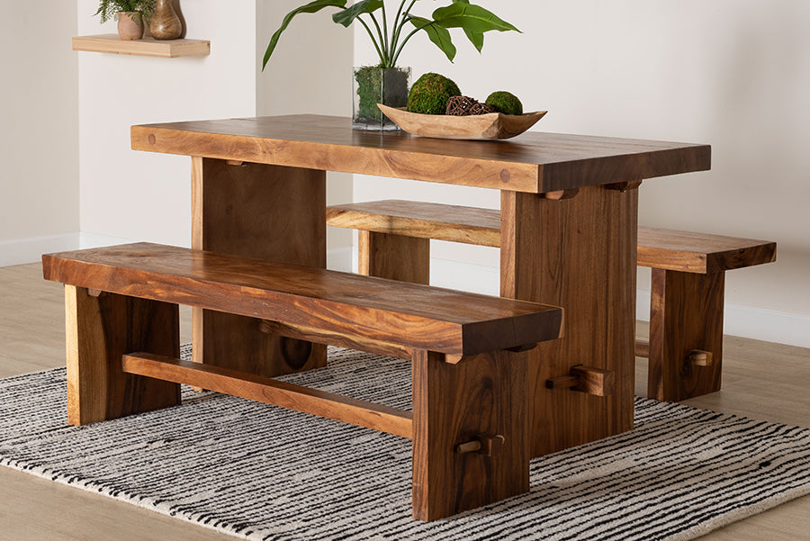 bali & pari Biyu Suar Wood 3-Piece Dining Set - Handcrafted Rectangular Solid Wood Table and Two Benches, Rustic Modern Kitchen or Dining Room Seating