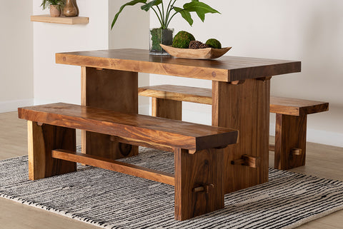bali & pari Biyu Suar Wood 3-Piece Dining Set - Handcrafted Rectangular Solid Wood Table and Two Benches, Rustic Modern Kitchen or Dining Room Seating