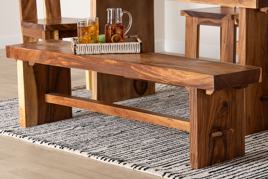 bali & pari Biyu Suar Wood Dining Bench - Handcrafted Solid Wood Bench with Live Edge Details, Rustic Farmhouse Style for Dining Room or Entryway Seating