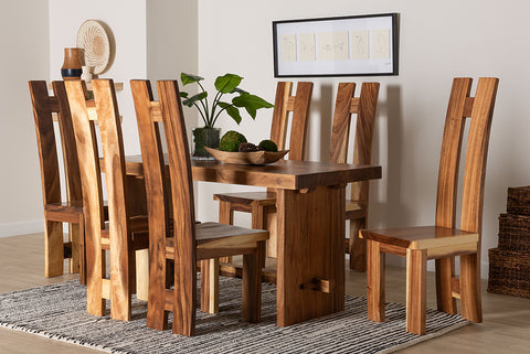 bali & pari Lin Suar Wood 7-Piece Dining Set - Handcrafted Rectangular Solid Wood Table and Six Tall Back Chairs, Rustic Modern Kitchen or Dining Room Seating