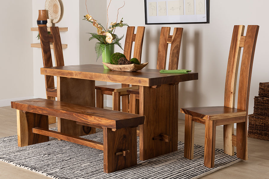 bali & pari Lin Suar Wood 6-Piece Dining Set - Handcrafted Rectangular Solid Wood Table with Four Tall Back Chairs and One Bench, Rustic Modern Kitchen or Dining Room Seating