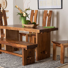 bali & pari Lin Suar Wood 6-Piece Dining Set - Handcrafted Rectangular Solid Wood Table with Four Tall Back Chairs and One Bench, Rustic Modern Kitchen or Dining Room Seating