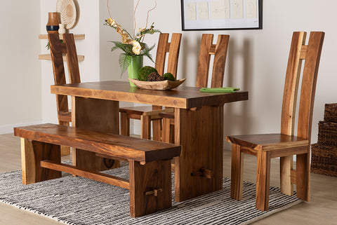 bali & pari Lin Suar Wood 6-Piece Dining Set - Handcrafted Rectangular Solid Wood Table with Four Tall Back Chairs and One Bench, Rustic Modern Kitchen or Dining Room Seating