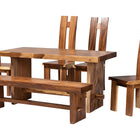 bali & pari Lin Suar Wood 6-Piece Dining Set - Handcrafted Rectangular Solid Wood Table with Four Tall Back Chairs and One Bench, Rustic Modern Kitchen or Dining Room Seating