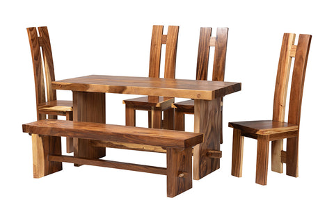 bali & pari Lin Suar Wood 6-Piece Dining Set - Handcrafted Rectangular Solid Wood Table with Four Tall Back Chairs and One Bench, Rustic Modern Kitchen or Dining Room Seating