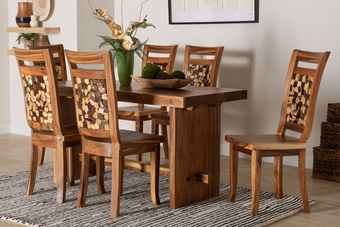 bali & pari Luan Suar Wood 7-Piece Dining Set - Handcrafted Rectangular Solid Wood Table and 6 Mosaic Backrest Chairs, Rustic Modern Kitchen or Dining Room Seating
