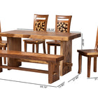 bali & pari Luan Suar Wood 6-Piece Dining Set - Handcrafted Rectangular Solid Wood Table with 4 Mosaic Backrest Chairs and Bench, Rustic Modern Kitchen or Dining Room Seating