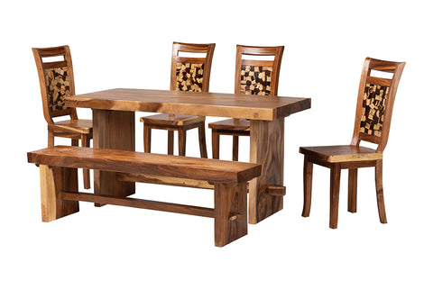 bali & pari Luan Suar Wood 6-Piece Dining Set - Handcrafted Rectangular Solid Wood Table with 4 Mosaic Backrest Chairs and Bench, Rustic Modern Kitchen or Dining Room Seating