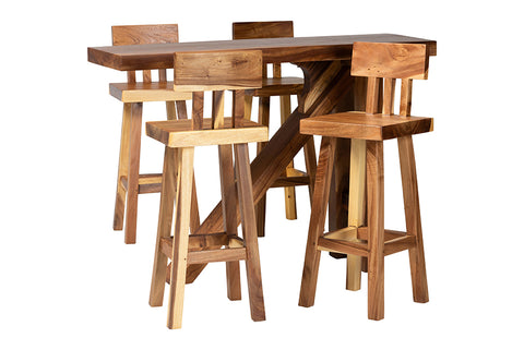 bali & pari Luli 5-Piece Suar Wood Bar Table Set - Modern Bar-Height Dining Set with Sculptural Table and Backrest Stools, Handcrafted Natural Wood Furniture for Kitchen or Entertaining Spaces