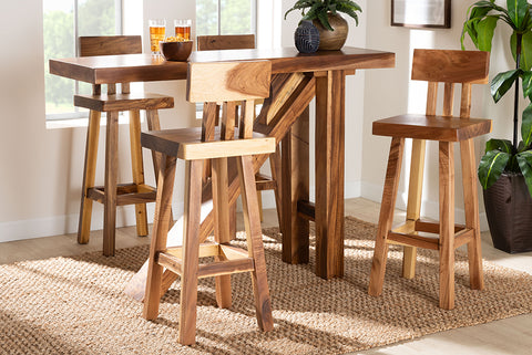 bali & pari Luli 5-Piece Suar Wood Bar Table Set - Modern Bar-Height Dining Set with Sculptural Table and Backrest Stools, Handcrafted Natural Wood Furniture for Kitchen or Entertaining Spaces