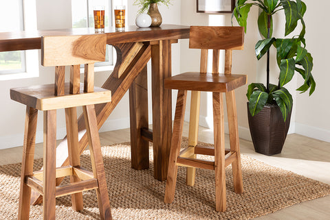 bali & pari Luli Suar Wood Bar Stool - Handcrafted Solid Wood Stool with Backrest, Rustic Modern Seating for Kitchen or Bar Area