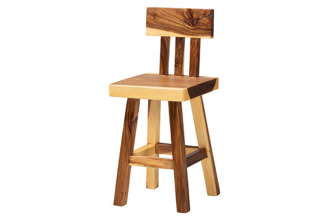 bali & pari Luli Suar Wood Counter Stool - Handcrafted Solid Wood Stool with Backrest, Rustic Modern Seating for Kitchen Island or Dining Area