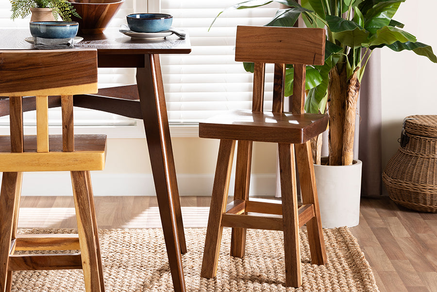 bali & pari Luli Suar Wood Counter Stool - Handcrafted Solid Wood Stool with Backrest, Rustic Modern Seating for Kitchen Island or Dining Area