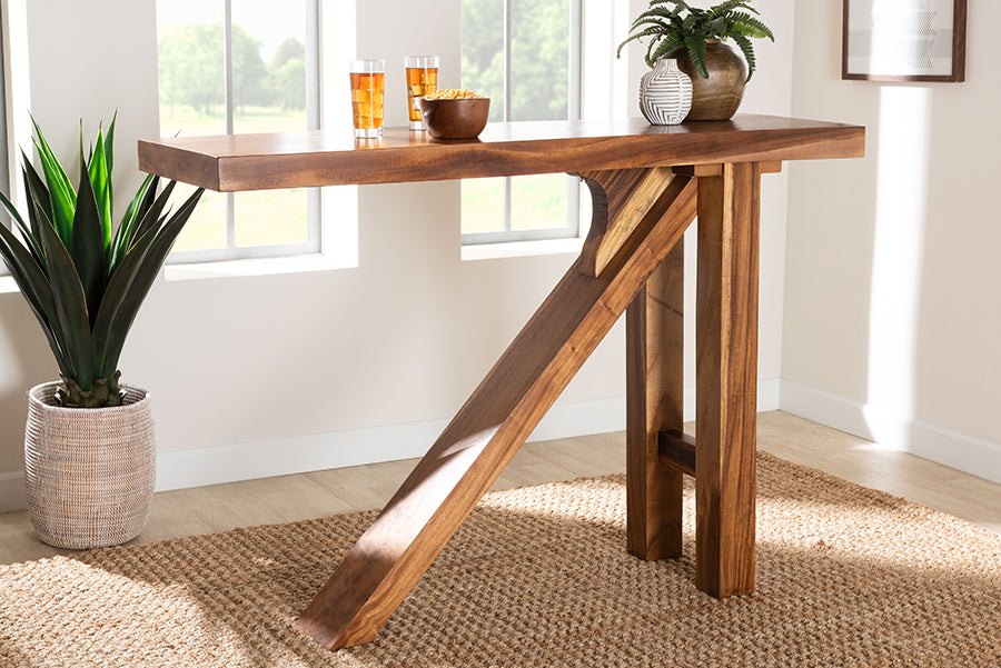 bali & pari Luli Suar Wood Bar Table - Handcrafted Solid Wood Console with Angled Base, Modern Rustic Table for Bar, Kitchen, or Lounge