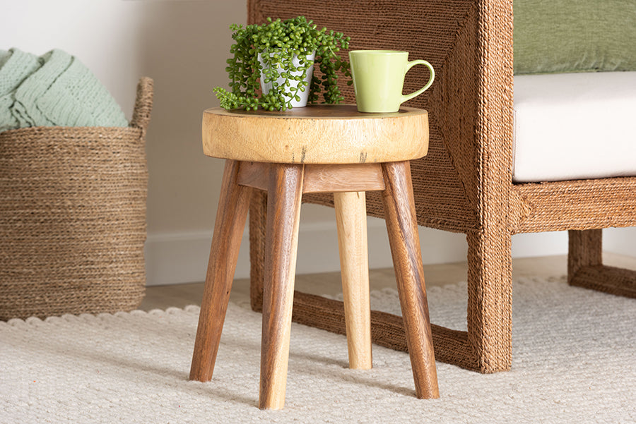 bali & pari Jia Suar Wood End Table - Handcrafted Side Table with Live Edge Round Top and Tapered Legs, Rustic Boho Accent Furniture for Living Room, Bedroom, or Patio