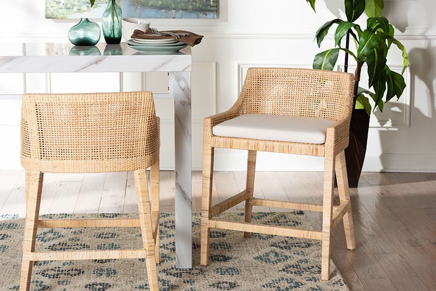 bali & pari Beata Natural Rattan Counter Stool - Handcrafted Wingback Counter Chair with Woven Detailing and Removable Cushion, Coastal Boho Style Seating for Kitchen Island or Dining Area