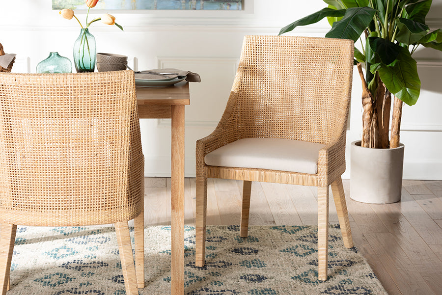 bali & pari Beata Natural Rattan Dining Chair - Handcrafted Wingback Accent Chair with Woven Detailing and Removable Cushion, Coastal Boho Seating for Kitchen or Dining Room