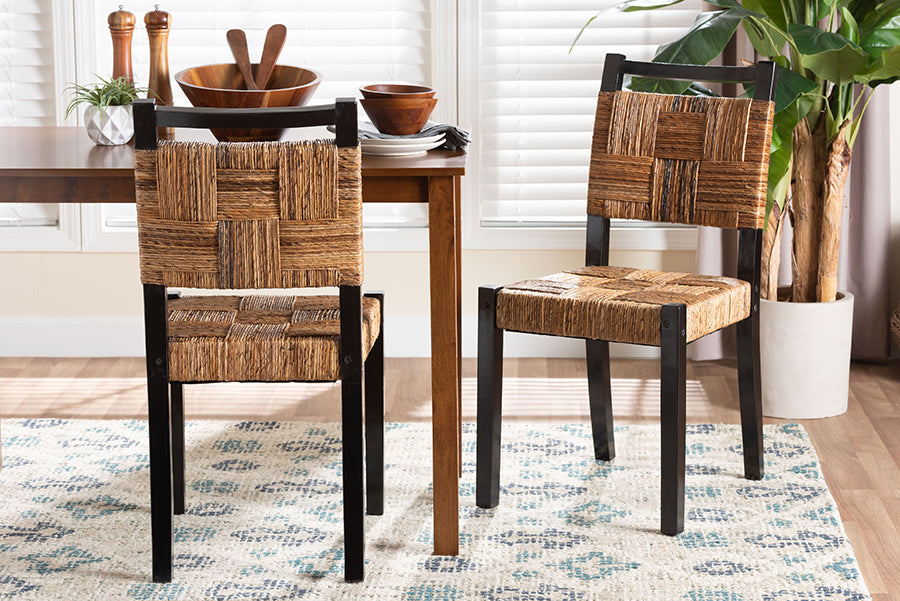 bali & pari Raniya Handwoven Seagrass Dining Chair Set of 2- Solid Mango Wood Frame with Woven Seat and Backrest, Rustic Boho Style Kitchen or Dining Room Seating, Black