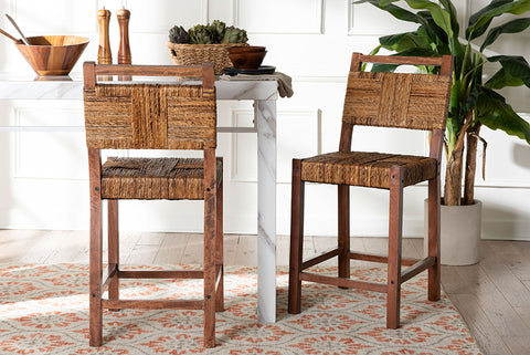 bali & pari Chabela Seagrass Counter Stool Set of 2 - Solid Mango Wood Frame with Woven Seat and Backrest, Rustic Boho Style Dining or Kitchen Island Seating, Brown