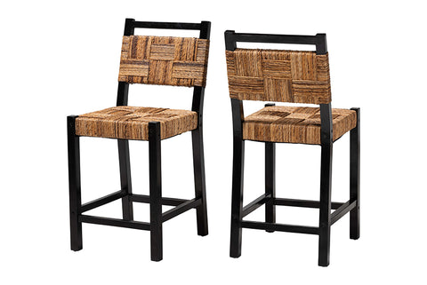 bali & pari Raniya Seagrass Counter Stool Set of 2 - Solid Mango Wood Frame with Woven Seat and Backrest, Rustic Boho Style Dining or Kitchen Island Seating, Black