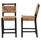 bali & pari Raniya Seagrass Counter Stool Set of 2 - Solid Mango Wood Frame with Woven Seat and Backrest, Rustic Boho Style Dining or Kitchen Island Seating, Black