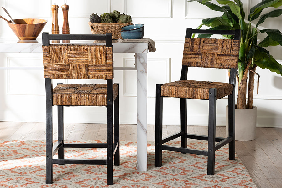 bali & pari Raniya Seagrass Counter Stool Set of 2 - Solid Mango Wood Frame with Woven Seat and Backrest, Rustic Boho Style Dining or Kitchen Island Seating, Black