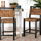 bali & pari Raniya Seagrass Counter Stool Set of 2 - Solid Mango Wood Frame with Woven Seat and Backrest, Rustic Boho Style Dining or Kitchen Island Seating, Black