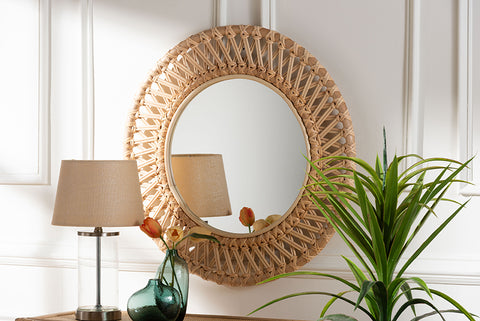 bali & pari Burris Natural Rattan Wall Mirror - Handwoven Wicker Round Frame, Boho Coastal Accent Wall Decor for Entryway, Bedroom, or Living Room