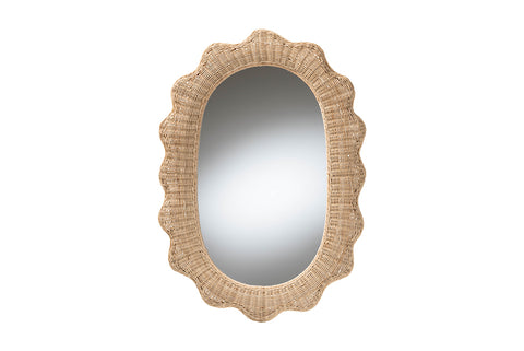 bali & pari Makoto Scalloped Natural Rattan Wall Mirror - Handwoven Wicker Oval Frame, Boho Coastal Accent Wall Decor for Entryway, Bedroom, or Living Room
