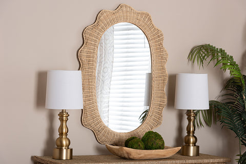 bali & pari Makoto Scalloped Natural Rattan Wall Mirror - Handwoven Wicker Oval Frame, Boho Coastal Accent Wall Decor for Entryway, Bedroom, or Living Room