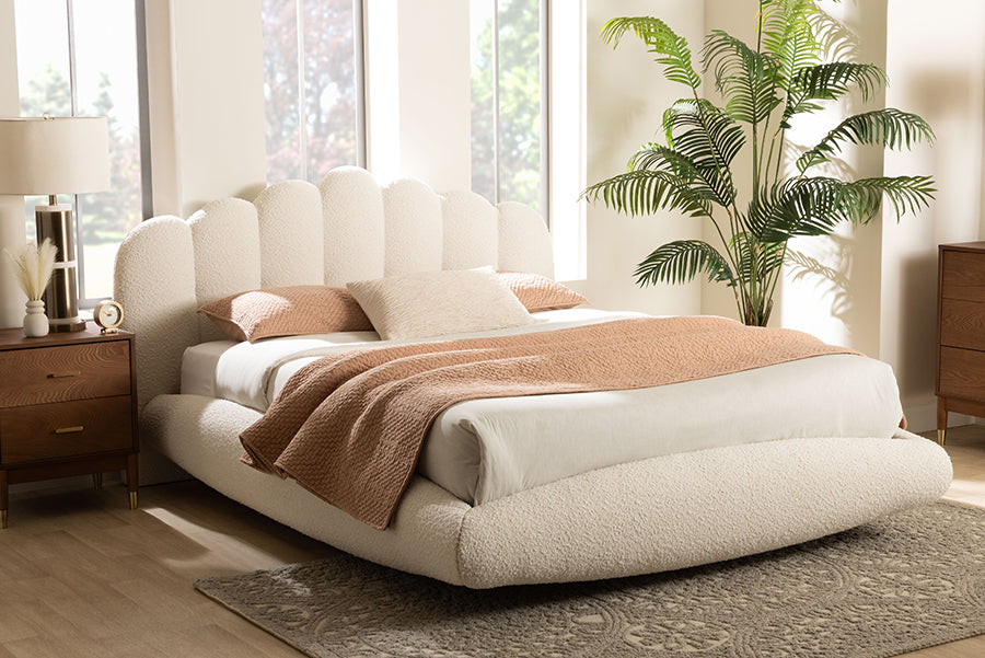 Baxton Studio Grenier Modern Cream Boucle Fabric King Size Floating Bed
