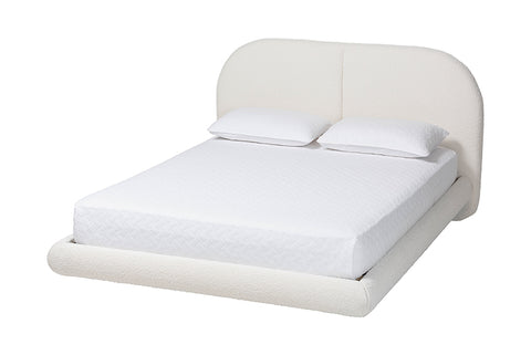 Baxton Studio Cachet Floating Platform Bed with Rounded Headboard - Low Profile Minimalist Boucle Upholstered Bed Frame, Cream, Queen