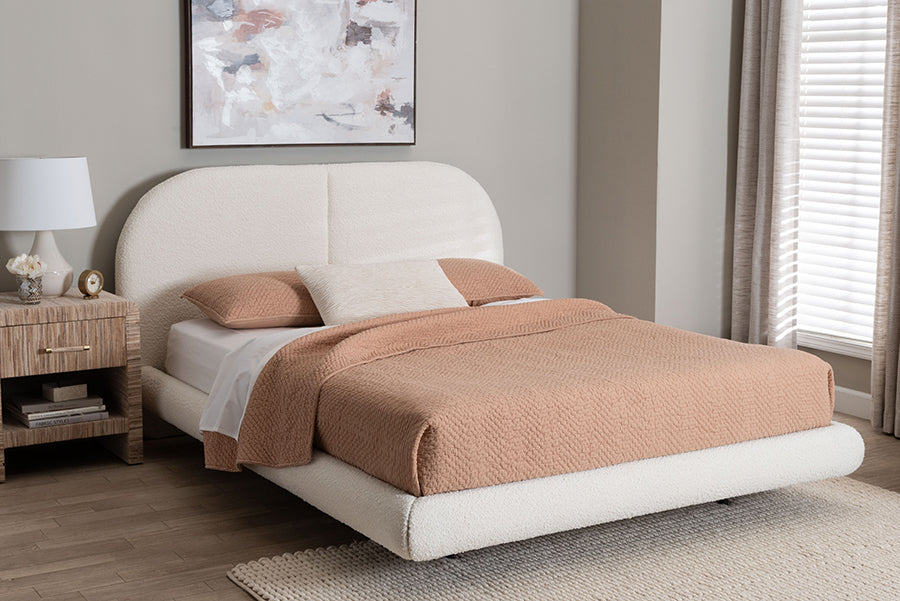 Baxton Studio Cachet Floating Platform Bed with Rounded Headboard - Low Profile Minimalist Boucle Upholstered Bed Frame, Cream, King