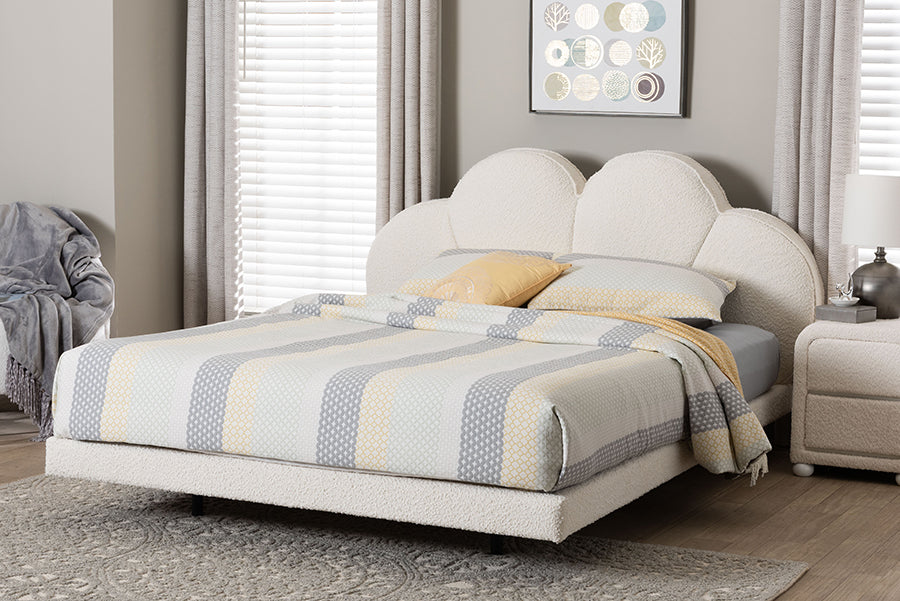Baxton Studio Barrera Floating Platform Bed with Scalloped Headboard - Low Profile Minimalist Boucle Upholstered Bed Frame, Cream, Queen