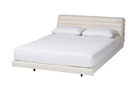 Baxton Studio Alfie Boucle Floating Bed with Channel Tufted Headboard - Low Profile Minimalist Platform Bed Frame, Cream, Queen